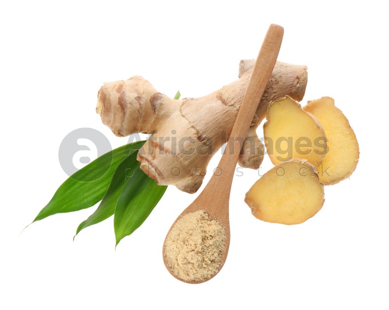 Dry ginger powder, fresh root and leaves isolated on white, top view