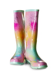 Pair of gumboots on white background. Female shoes