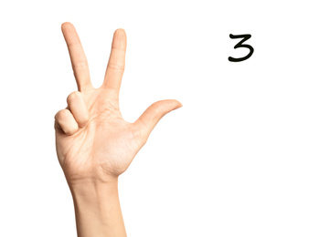 Image of Woman showing number three on white background, closeup. Sign language