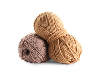 Different soft colorful woolen yarns on white background