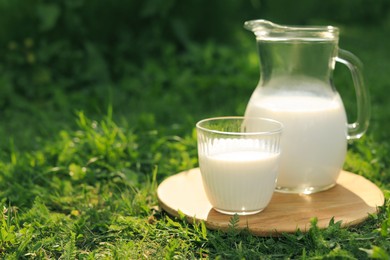 Jug and glass of tasty fresh milk on green grass outdoors, space for text