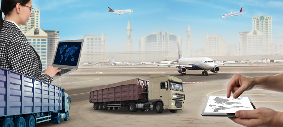 Logistics concept. People with laptop and tablet, banner design. Trucks and building on background