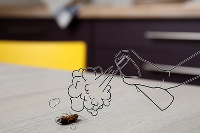Pest control. Using household insecticide to kill cockroach at home, closeup. Illustration