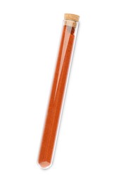 Glass tube with paprika on white background, top view