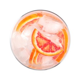 Delicious refreshing drink with sicilian orange and ice cubes in glass isolated on white, top view