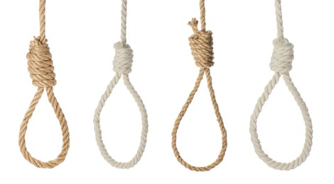 Rope nooses with knots on white background, collage
