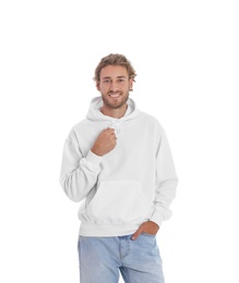 Photo of Portrait of man in hoodie sweater on white background. Space for design