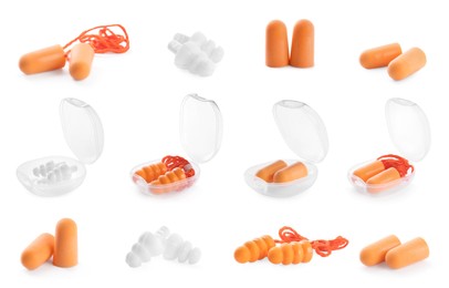 Set with different ear plugs on white background