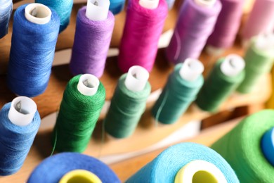Set of colorful threads on stand, closeup. Dressmaking equipment