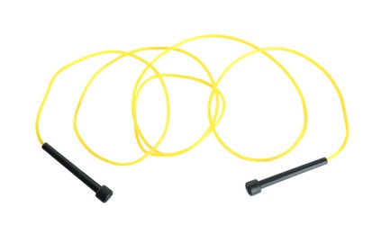 Yellow skipping rope with black handles isolated on white, top view