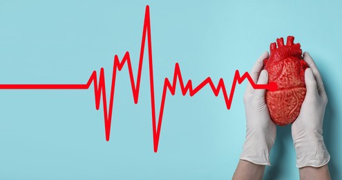 Doctor holding heart model on light blue background, top view