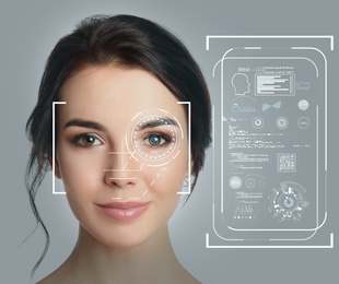 Facial recognition system. Woman with scanner frame on face and information