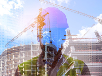 Double exposure of male industrial engineer in uniform and construction 
