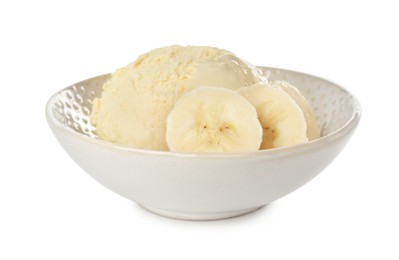 Scoop of ice cream and banana slices in bowl isolated on white
