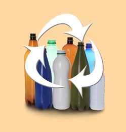 Illustration of recycling symbol and empty plastic bottles on beige background