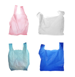 Set of disposable plastic bags on white background. Waste management and recycling