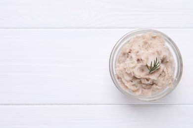Photo of Delicious lard spread on white wooden table, top view. Space for text