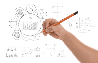 Fintech concept. Man drawing scheme and charts on white background, closeup