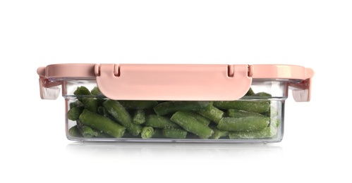 Photo of Box with green beans on white background