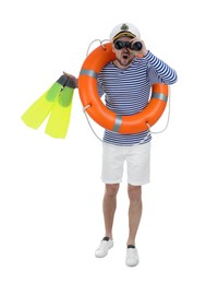 Sailor with ring buoy and swim fins looking through binoculars on white background