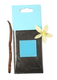 Scented sachet, vanilla stick and flower on white background, top view