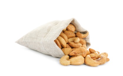 Sack and tasty organic cashew nuts isolated on white