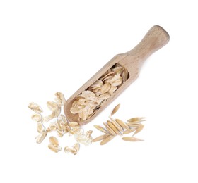 Raw oatmeal and wooden scoop on white background, top view
