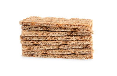 Pieces of crunchy rye crispbreads on white background