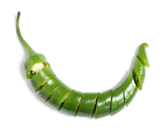 Photo of Cut green hot chili pepper on white background, top view