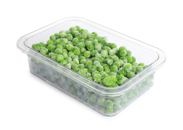 Frozen peas in plastic container isolated on white. Vegetable preservation