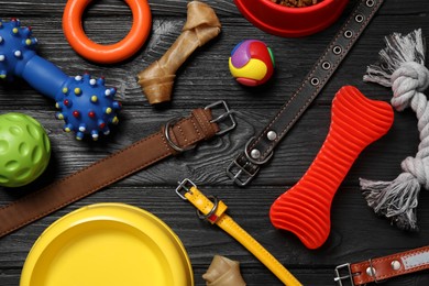 Flat lay composition with dog collars, toys and bowl on black wooden table