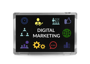 Image of Small chalkboard with digital marketing plan isolated on white