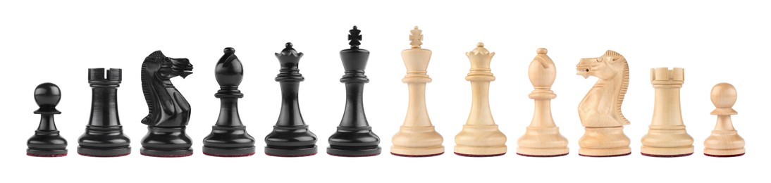 Set with different chess pieces on white background. Banner design