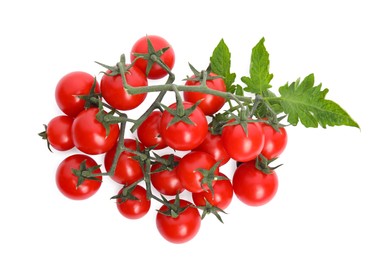 Fresh ripe cherry tomatoes with leaves on white background, top view