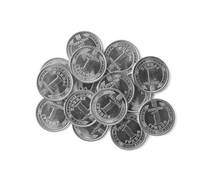 Ukrainian coins isolated on white, top view. National currency