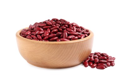 Raw red kidney beans and wooden bowl isolated on white