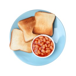 Delicious toasts and baked beans on white background, top view