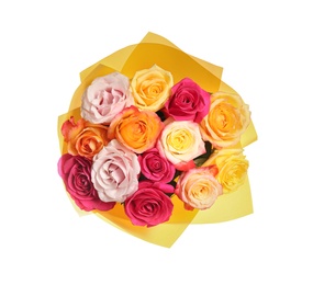 Luxury bouquet of fresh roses isolated on white, top view