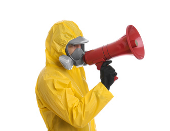 Man wearing chemical protective suit with megaphone on white background. Prevention of virus spread