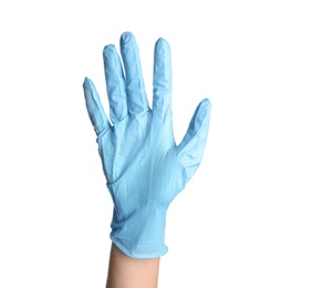 Doctor in medical glove on white background