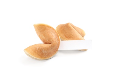Traditional fortune cookies with prediction on white background