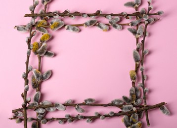 Photo of Frame made of beautiful blooming willow branches on pink background, flat lay. Space for text