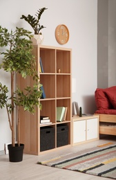 Modern child room interior with shelving