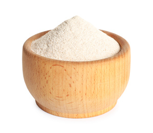 Whole wheat flour in wooden bowl on white background