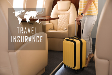 Woman with yellow suitcase on plane. Travel insurance