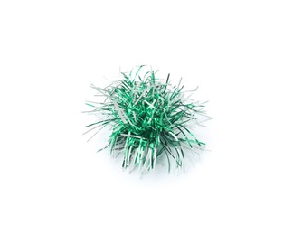 Piece of shiny green tinsel isolated on white. Christmas decoration