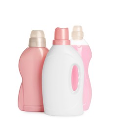 Different bottles with detergents on white background