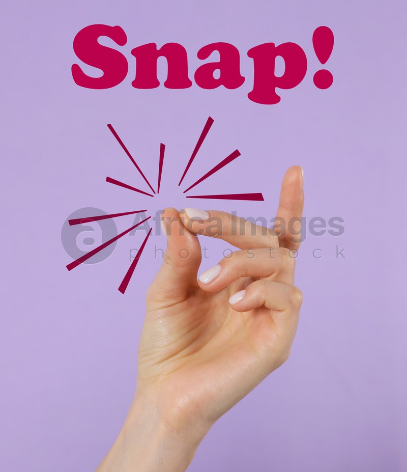 Woman snapping fingers on violet background, closeup