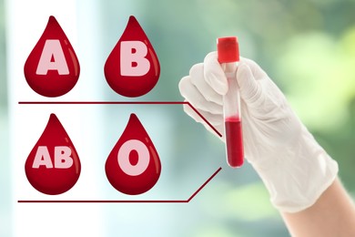 Images of drops representing different blood types and scientist with sample on blurred green background, closeup