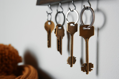Holder with different keys on light grey wall indoors